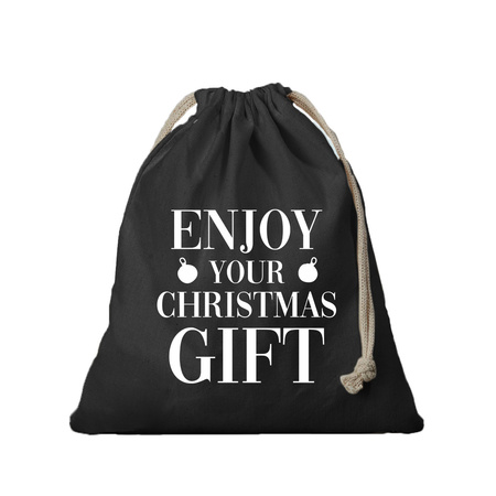 1x Kerst cadeauzak zwart Enjoy your gift met koord voor als cadeauverpakking