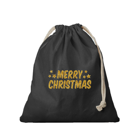 1x Kerst cadeauzak zwart Merry Christmas gouden glitters met koord voor als cadeauverpakking