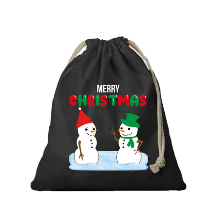 1x Kerst cadeauzak zwart Sneeuwpoppen met koord voor als cadeauverpakking