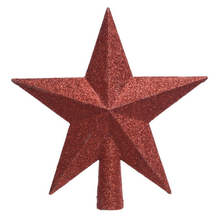 Kerstversiering kunststof glitter ster piek 19 cm en glitter folieslingers pakket rood van 3x stuks