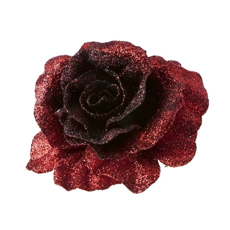 1x Kerstboomversiering bloem op clip donkerrode glitter roos 10 cm