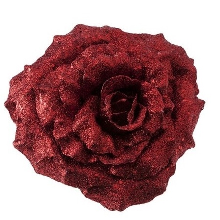 1x Kerstboomversiering bloem op clip rode glitter roos 18 cm