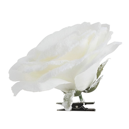 1x Kerstboomversiering bloem op clip witte besneeuwde roos 15 cm
