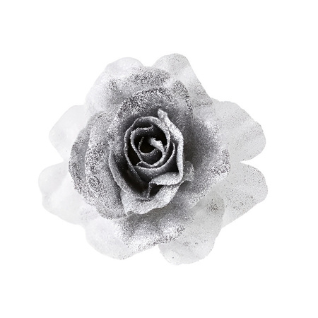 1x Kerstboomversiering bloem op clip zilver/wit en besneeuwd 18 cm