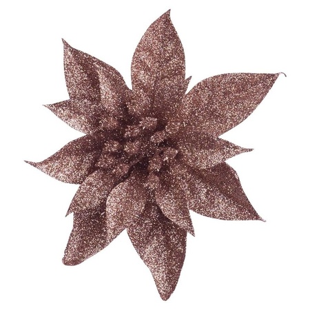 1x Kerstboomversiering op clip donker beige glitter bloem 15 cm