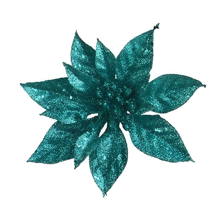 1x Christmas tree deco emerald glitter poinsettia on clip 15 cm