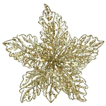 1x Kerstboomversiering op clip gouden glitter bloem 23 cm