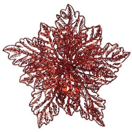 1x Kerstboomversiering op clip rode glitter bloem 23 cm