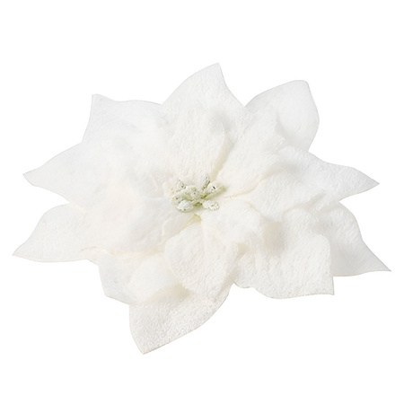 1x Kerstboomversiering op clip witte besneeuwde bloem 15 cm