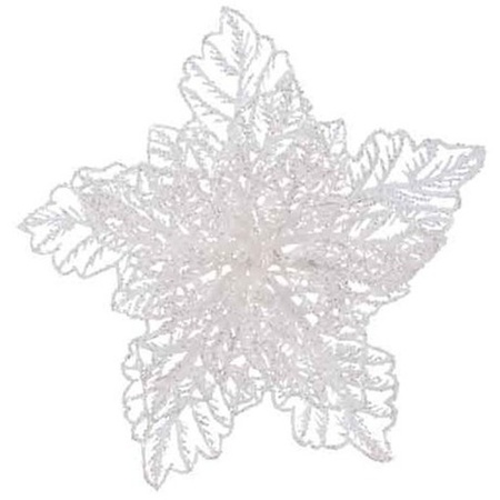 1x Kerstboomversiering op clip witte glitter bloem 23 cm