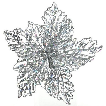 1x Kerstboomversiering op clip zilveren glitter bloem 23 cm