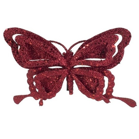 1x Kerstboomversiering vlinder op clip glitter bordeaux rood 14