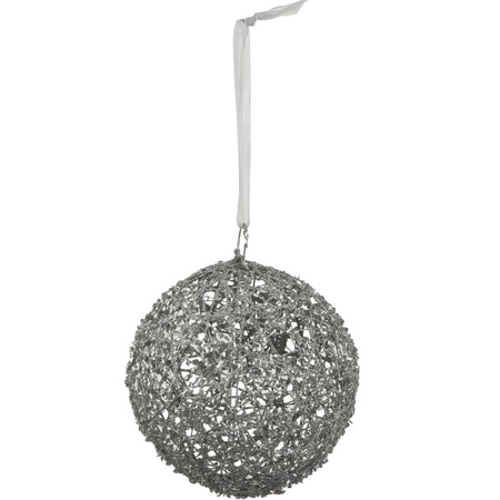 1x Kersthanger linnen zilveren Kerstbal 15 cm