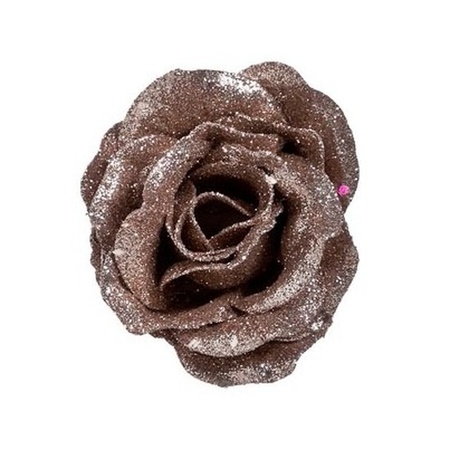 1x Oud roze roos met glitters bloemen op clip 7 cm - kerstversiering