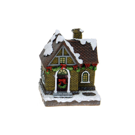 1x Polystone kersthuisjes/kerstdorpje huisjes gele stenen met verlichting 13,5 cm