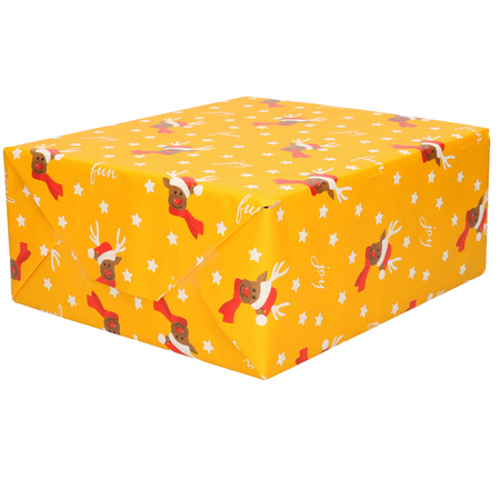 1x Rolls Christmas wrapping paper yellow/reindear fun 2,5 x 0,7 meter