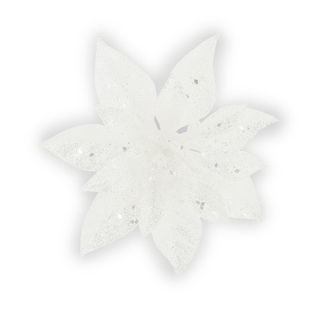 1x stuks decoratie bloemen kerstster wit glitter op clip 15 cm