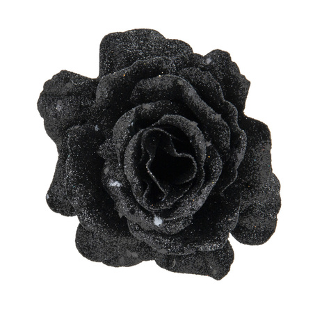 Kerstboomversiering bloemen op clip - 2x st - roze en zwart - 10 cm