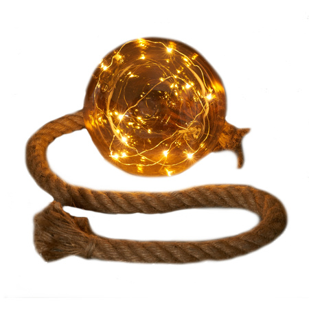 1x stuks verlichte glazen kerstballen aan touw met 10 lampjes goud/warm wit 10 cm