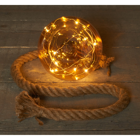 1x stuks verlichte glazen kerstballen aan touw met 10 lampjes goud/warm wit 10 cm