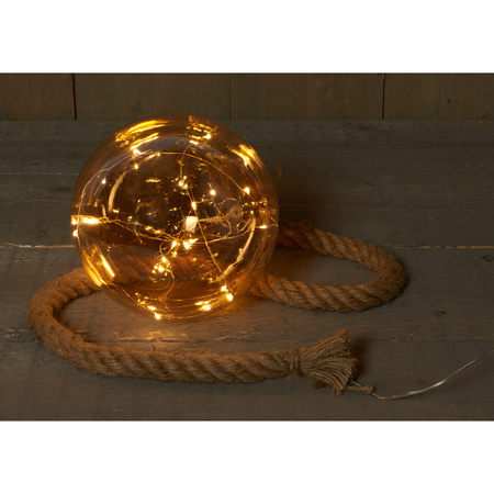 1x stuks verlichte glazen kerstballen aan touw met 15 lampjes goud/warm wit 18 cm