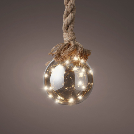 1x stuks verlichte glazen kerstballen aan touw met 30 lampjes zilver/warm wit 15 cm