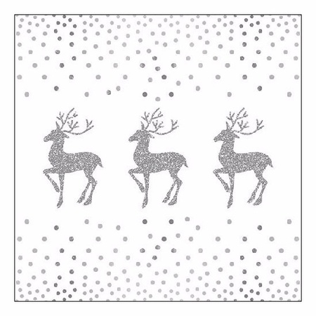 20x Kerst servetten rendier en stippen wit/zilver 33 x 33 cm