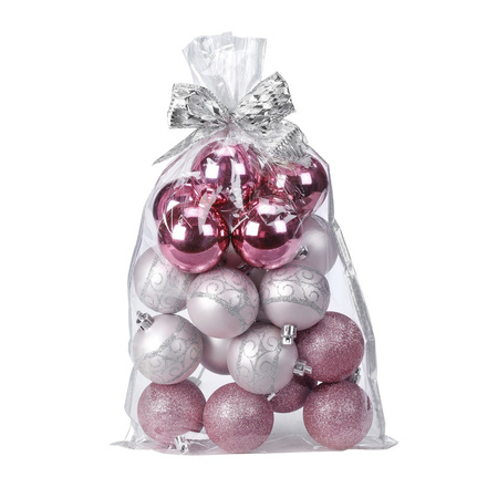 20x pcs plastic christmas baubles pink mix 6 cm in giftbag