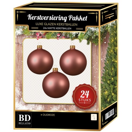 24 Stuks mat glazen Kerstballen pakket oudroze 6 en 8 cm