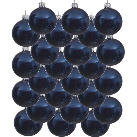 24x Donkerblauwe glazen kerstballen 8 cm glans