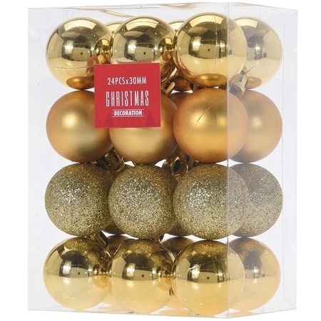 24x Gouden mini kerstballen 3 cm kunststof mat/glans/glitter