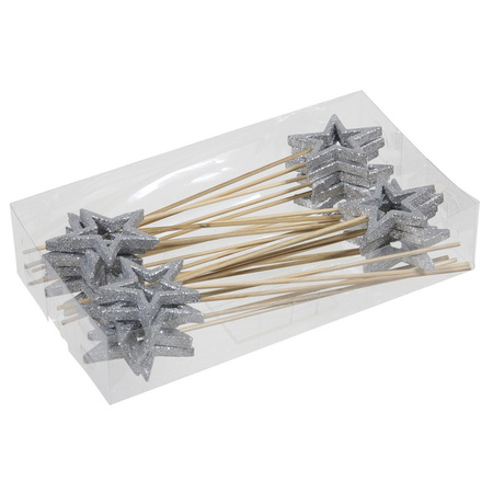 24x Kerststukje onderdelen zilveren stekers/instekers met open ster 6 cm