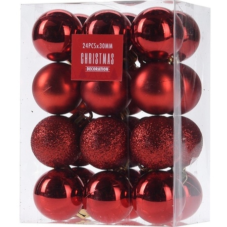 24x Red Christmas baubles 3 cm plastic matte/shiny/glitter