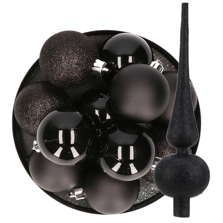 24x stuks kunststof kerstballen 6 cm inclusief glitter piek zwart