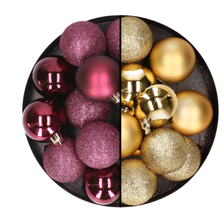 24x stuks kunststof kerstballen mix van aubergine en goud 6 cm