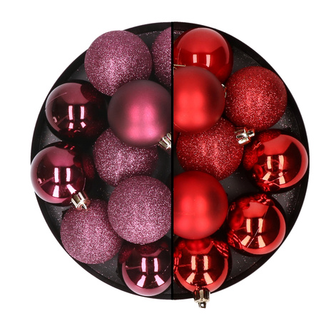 24x stuks kunststof kerstballen mix van aubergine en rood 6 cm