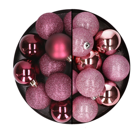 24x stuks kunststof kerstballen mix van aubergine en roze 6 cm