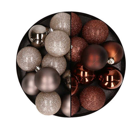 24x Christmas baubles mix champagne and dark brown 6 cm plastic matte/shiny/glitter