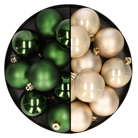 24x stuks kunststof kerstballen mix van champagne en donkergroen 6 cm