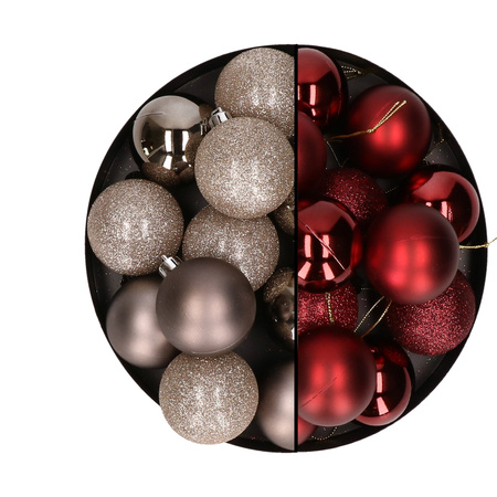 24x Christmas baubles mix chamapgne and dark red 6 cm plastic matte/shiny/glitter
