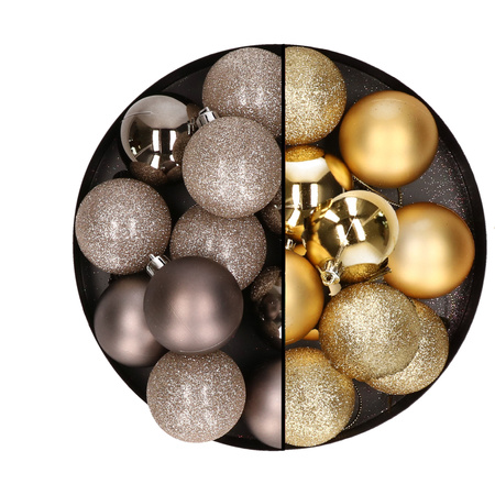 24x stuks kunststof kerstballen mix van champagne en goud 6 cm