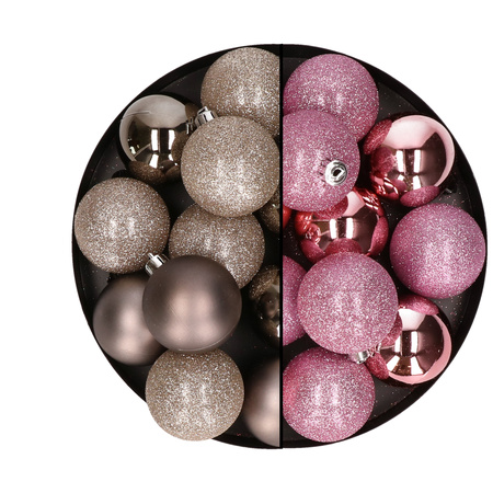 24x Christmas baubles mix champagne and pink 6 cm plastic matte/shiny/glitter