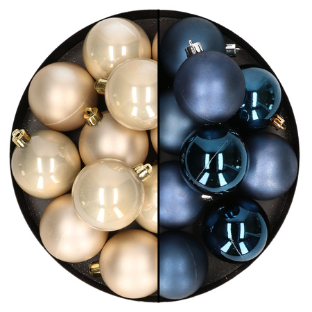24x pcs plastic christmas baubles mix of dark blue and champagne 6 cm