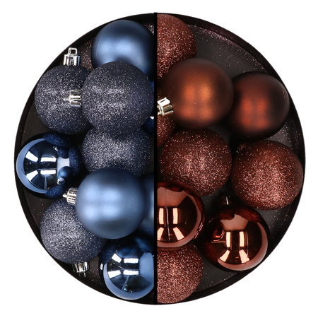 24x stuks kunststof kerstballen mix van donkerblauw en donkerbruin 6 cm