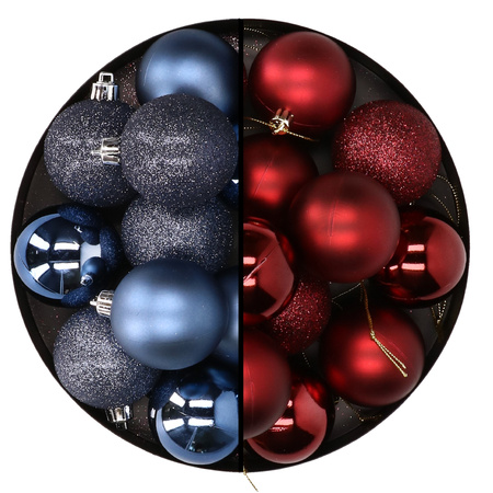 24x stuks kunststof kerstballen mix van donkerblauw en donkerrood 6 cm
