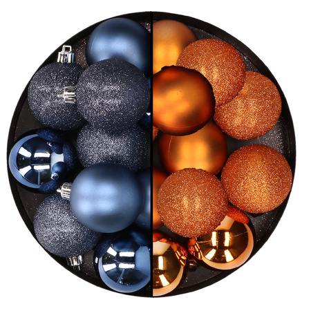 24x stuks kunststof kerstballen mix van donkerblauw en oranje 6 cm