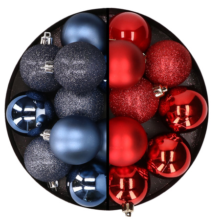 24x stuks kunststof kerstballen mix van donkerblauw en rood 6 cm