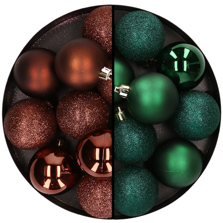 24x stuks kunststof kerstballen mix van donkerbruin en donkergroen 6 cm