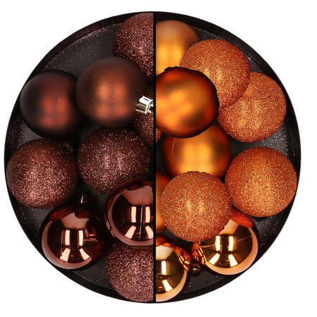 24x stuks kunststof kerstballen mix van donkerbruin en oranje 6 cm
