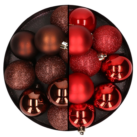 24x stuks kunststof kerstballen mix van donkerbruin en rood 6 cm